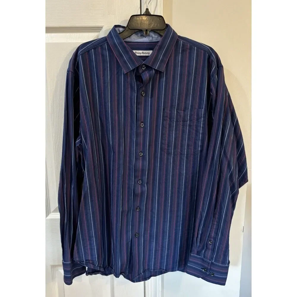 Tommy Bahama‎ Men's Sz XL Long Sleeve Button Down Blue Strips Silk Blend